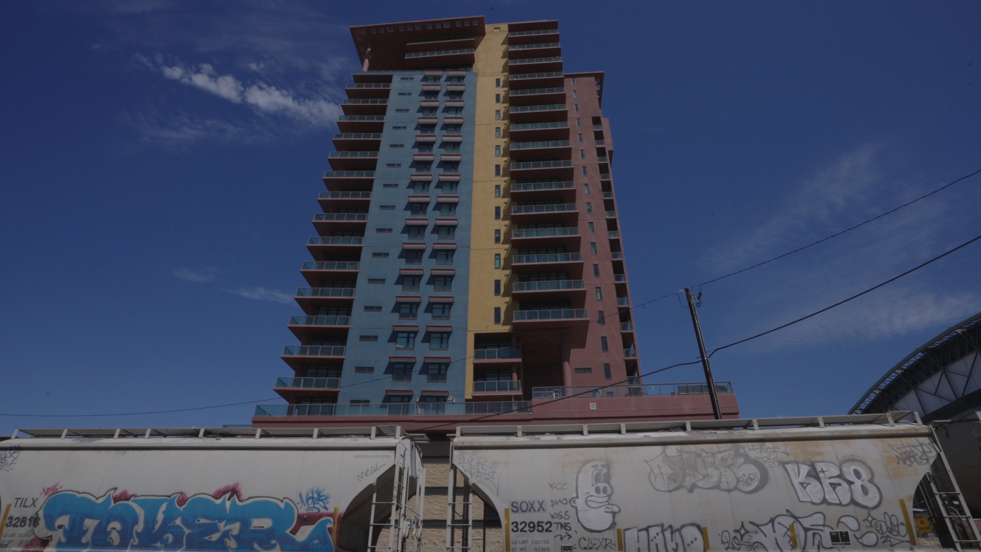 A downtown Phoenix building and rail cars from Devon’s FPV footage